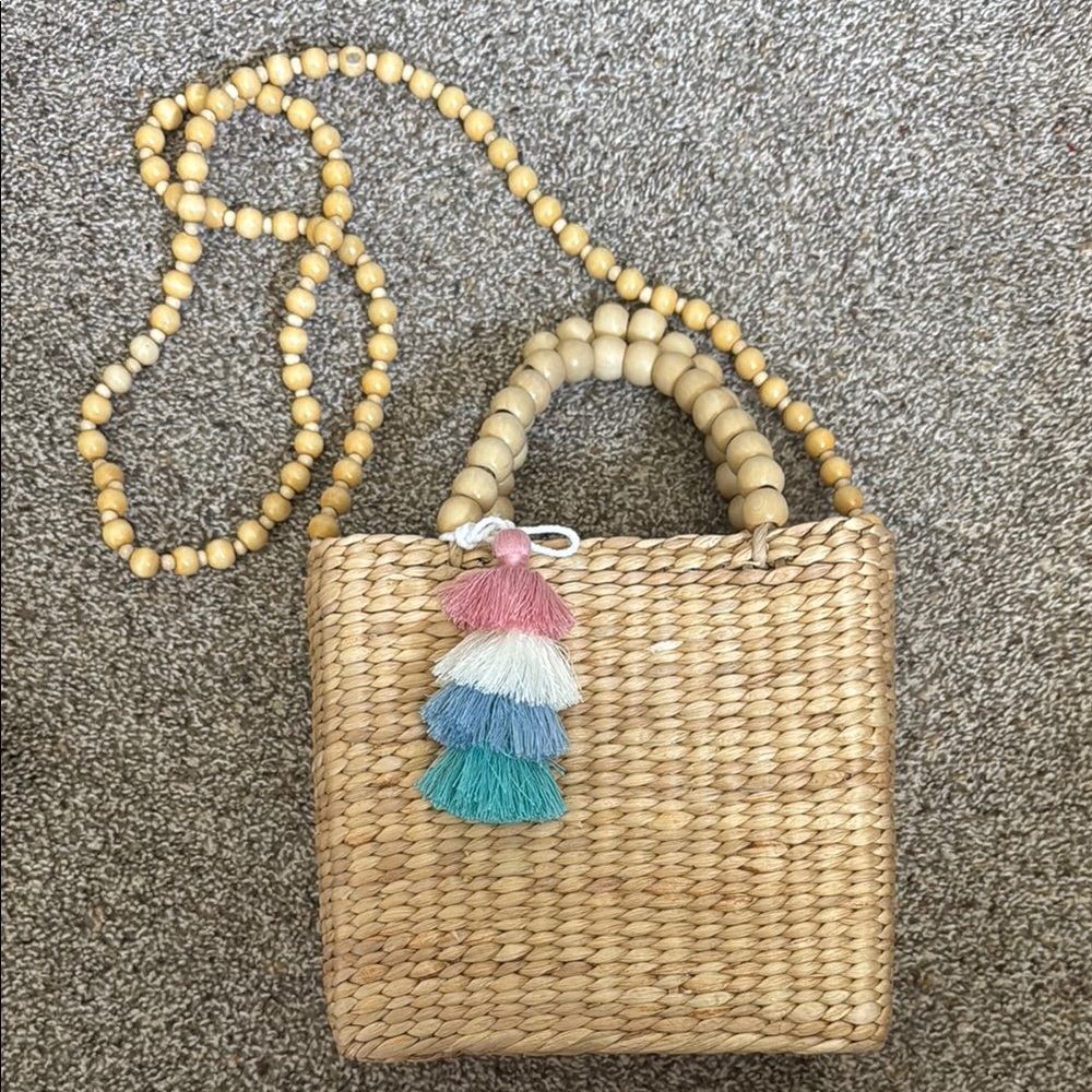 Woven Straw Bag with Beaded Strap and Tassels